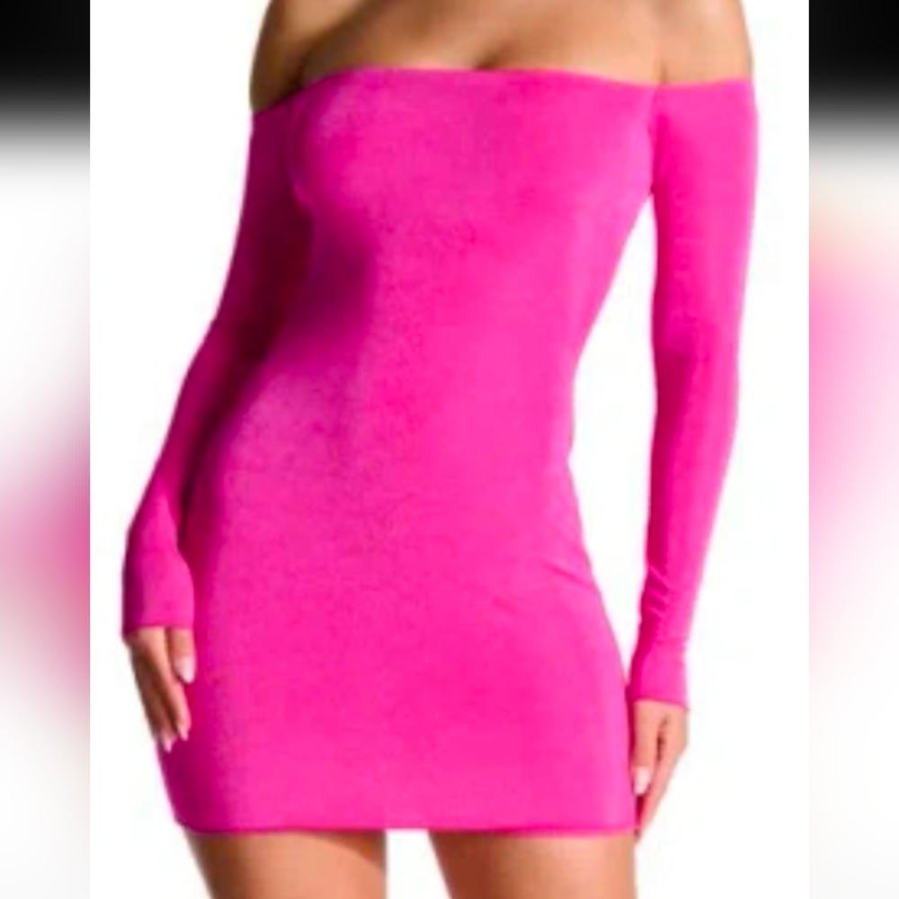 Naked Wardrobe Pink Off-Shoulder Long Sleeve Bodycon Dress